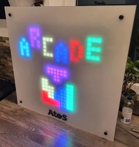 Custom-built retro arcade machine with illuminated display