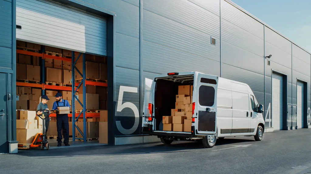 White van loading boxes at a warehouse loading dock